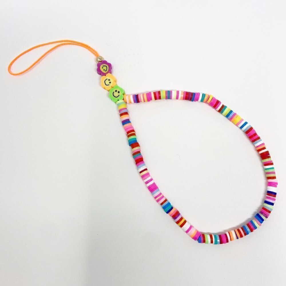 Multicolor Smiley Face Beaded Phone Strap Wristlet - Picture 2 of 4